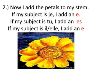2.) Now I add the petals to my stem.
     If my subject is je, I add an e.
    If my subject is tu, I add an es
  If my subject is il/elle, I add an e
 
