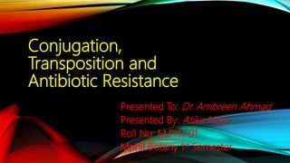 Conjugation,
Transposition and
Antibiotic Resistance
Presented To: Dr. Ambreen Ahmad
Presented By: Atika Noor
Roll No: M.Phil-01
Mphil Botany 1st Semester
 
