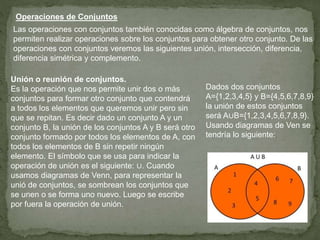 Operaciones de Conjuntos
Las operaciones con conjuntos también conocidas como álgebra de conjuntos, nos
permiten realizar operaciones sobre los conjuntos para obtener otro conjunto. De las
operaciones con conjuntos veremos las siguientes unión, intersección, diferencia,
diferencia simétrica y complemento.
Unión o reunión de conjuntos.
Es la operación que nos permite unir dos o más
conjuntos para formar otro conjunto que contendrá
a todos los elementos que queremos unir pero sin
que se repitan. Es decir dado un conjunto A y un
conjunto B, la unión de los conjuntos A y B será otro
conjunto formado por todos los elementos de A, con
todos los elementos de B sin repetir ningún
elemento. El símbolo que se usa para indicar la
operación de unión es el siguiente: ∪. Cuando
usamos diagramas de Venn, para representar la
unió de conjuntos, se sombrean los conjuntos que
se unen o se forma uno nuevo. Luego se escribe
por fuera la operación de unión.
Dados dos conjuntos
A={1,2,3,4,5} y B={4,5,6,7,8,9}
la unión de estos conjuntos
será A∪B={1,2,3,4,5,6,7,8,9}.
Usando diagramas de Ven se
tendría lo siguiente:
 