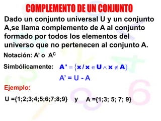 Dado un conjunto universal U y un conjunto
A,se llama complemento de A al conjunto
formado por todos los elementos del
universo que no pertenecen al conjunto A.
Notación: A’ o AC
Ejemplo:
U ={1;2;3;4;5;6;7;8;9} A ={1;3; 5; 7; 9}
y
Simbólicamente: 

A' x / x U x A
   
A’ = U - A
 