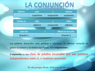 La conjunciónLas palabras destacadas unen palabras y oraciones, no admiten variación de género ni número y no tienen significado. Son conjunciones.Conjunción es una clase de palabra invariable que une palabras independientes entre sí, o también oraciones.No vine porque llovía. Grité pero no me oyó.