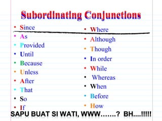 Subordinating Conjunctions
• Since
• As
• Provided
• Until
• Because
• Unless
• After
• That
• So
• If
• Where
• Although
• Though
• In order
• While
• Whereas
• When
• Before
• How
Subordinating Conjunctions
 