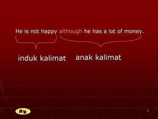 9
He is not happy although he has a lot of money.
induk kalimat anak kalimat
 