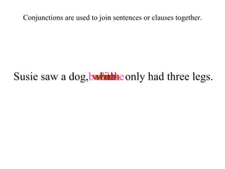 Susie saw a dog,  only had three legs. which but because when with which Conjunctions are used to join sentences or clauses together. 