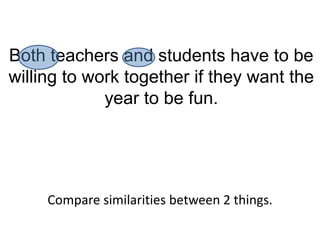 Both teachers and students have to be
willing to work together if they want the
             year to be fun.




     Compare similarities between 2 things.
 