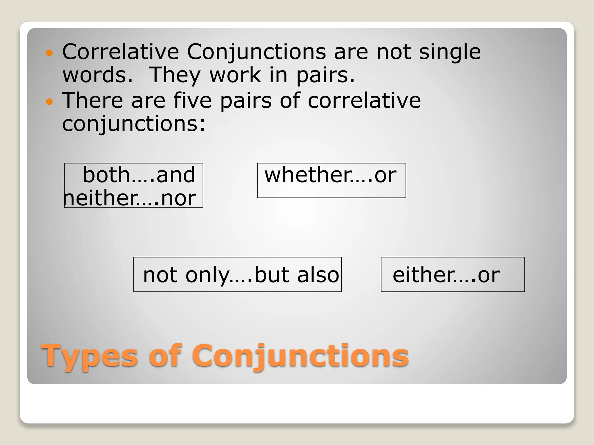 Types of Conjunctions
 Correlative Conjunctions are not single
words. They work in pairs.
 There are five pairs of correlative
conjunctions:
both….and whether….or
neither….nor
not only….but also either….or
 