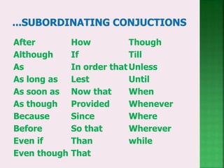 After
Although
As
As long as
As soon as
As though
Because
Before
Even if
Even though
How
If
In order that
Lest
Now that
Provided
Since
So that
Than
That
Though
Till
Unless
Until
When
Whenever
Where
Wherever
while
 