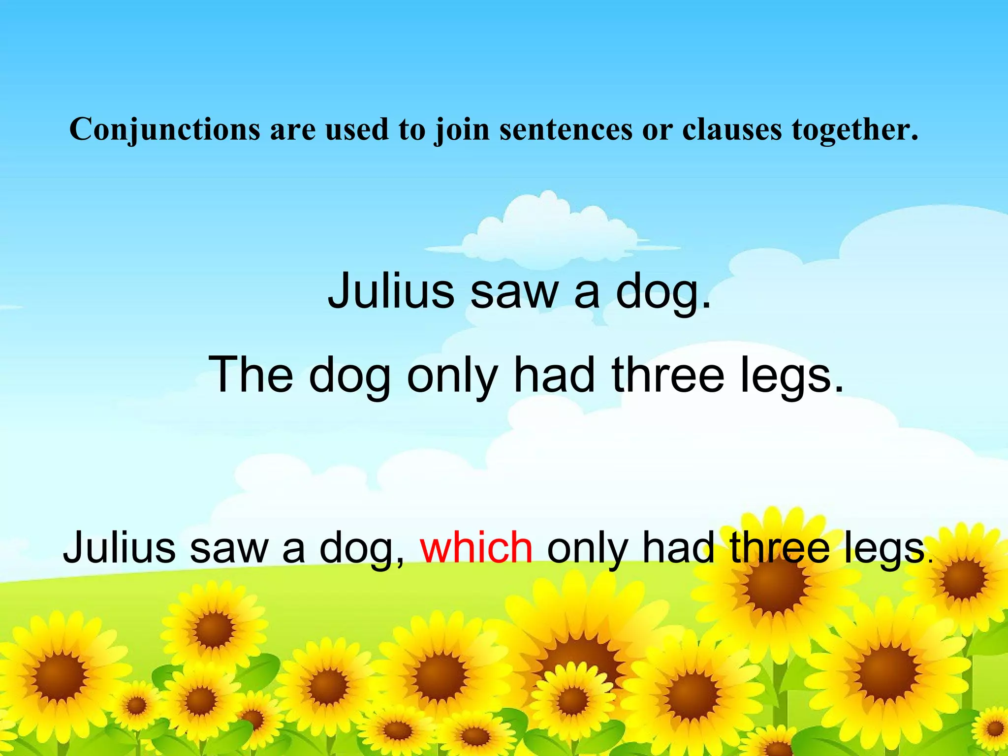 Conjunctions are used to join sentences or clauses together.

Julius saw a dog.
The dog only had three legs.
Julius saw a dog, which only had three legs.

 