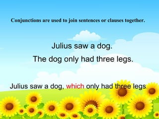 Conjunctions are used to join sentences or clauses together.

Julius saw a dog.
The dog only had three legs.
Julius saw a dog, which only had three legs.

 