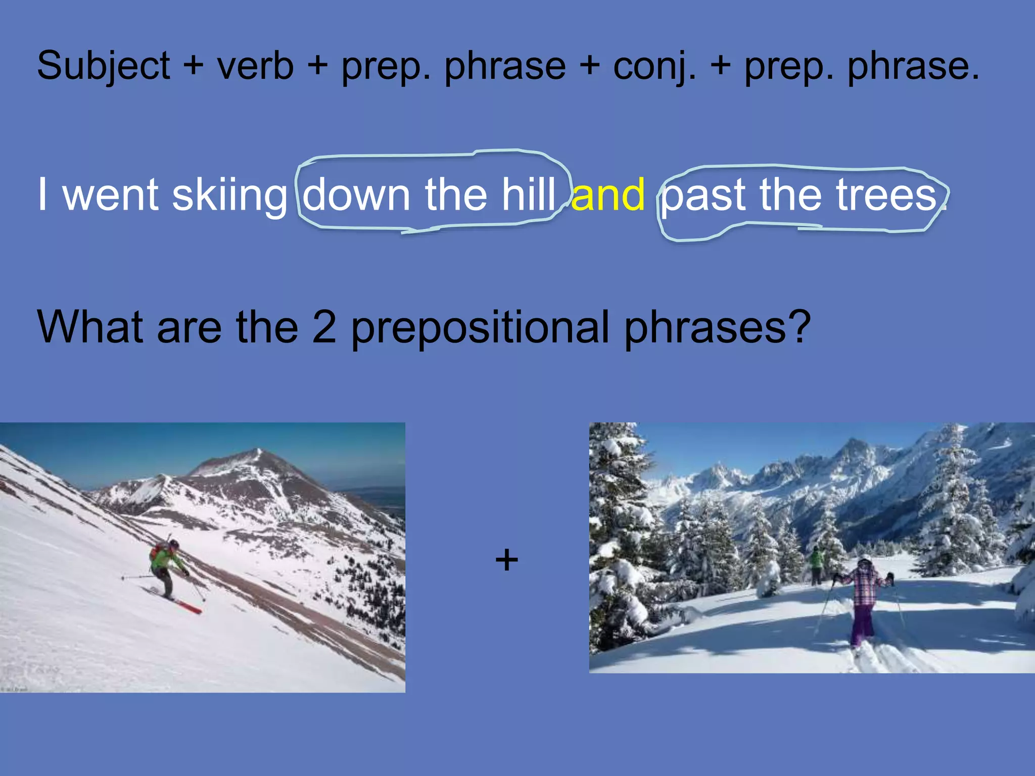 Subject + verb + prep. phrase + conj. + prep. phrase.
I went skiing down the hill and past the trees.
What are the 2 prepositional phrases?
+
 