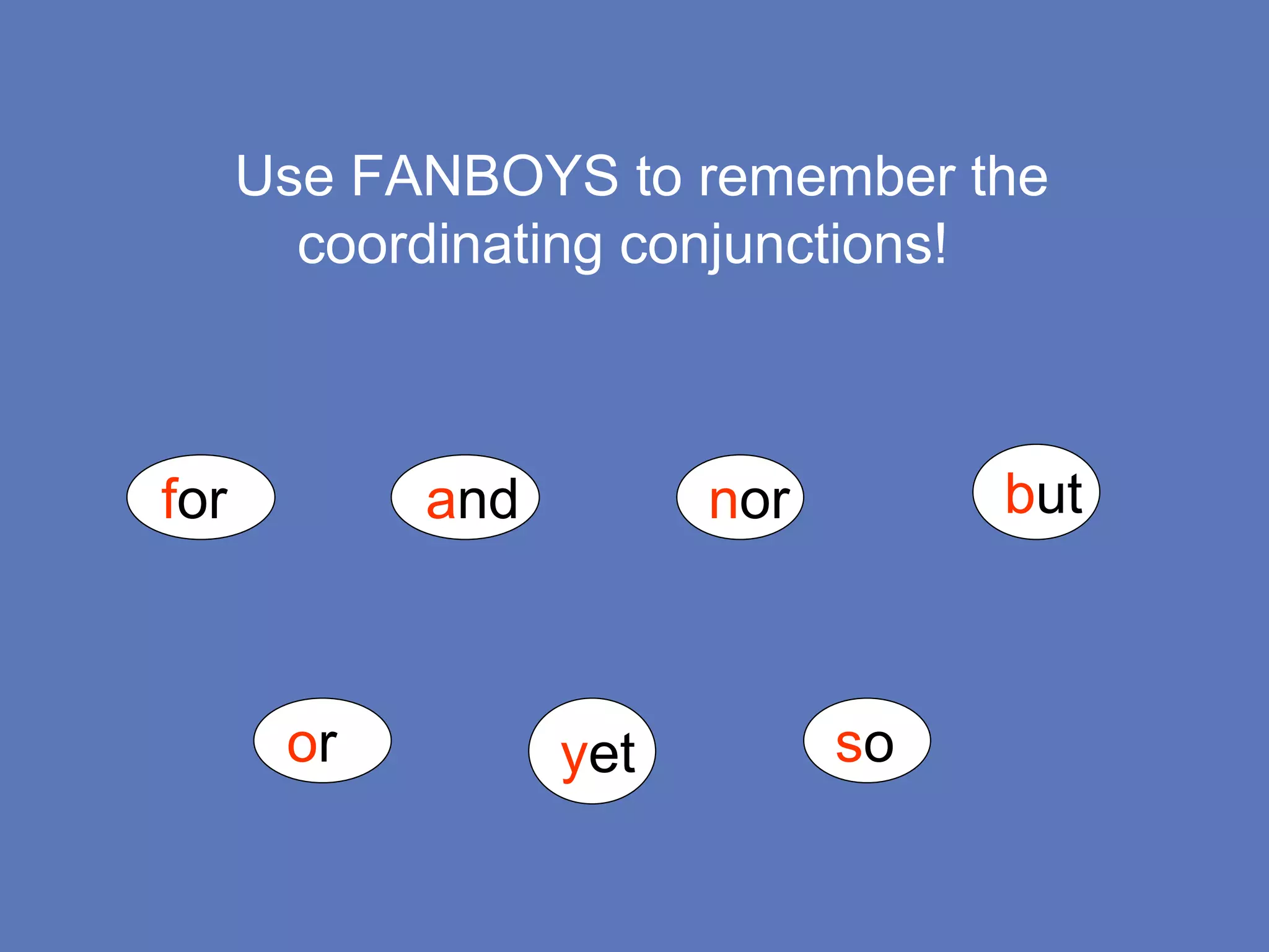 Use FANBOYS to remember the
coordinating conjunctions!
for and nor but
or yet so
 