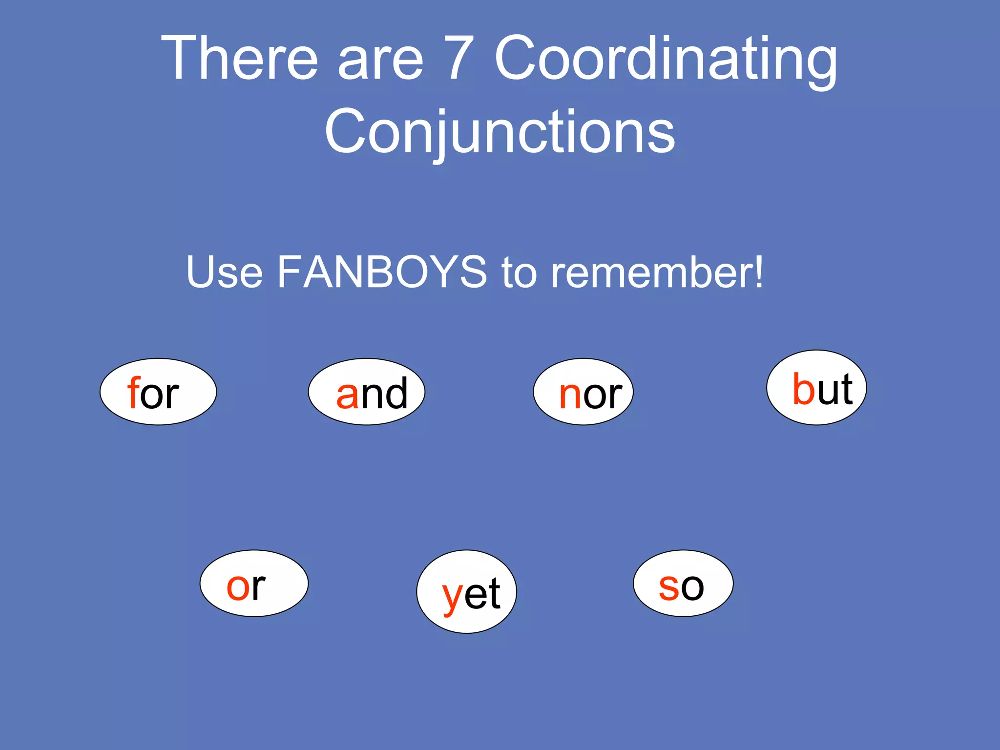 There are 7 Coordinating
Conjunctions
Use FANBOYS to remember!
for and nor but
or yet so
 