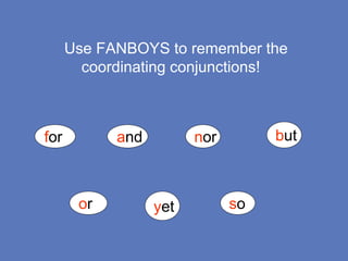 Use FANBOYS to remember the
coordinating conjunctions!
for and nor but
or yet so
 