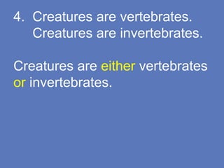 4. Creatures are vertebrates.
Creatures are invertebrates.
Creatures are either vertebrates
or invertebrates.
 