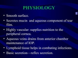 PHYSIOLOGY
• Smooth surface.
• Secretes mucin and aqueous component of tear
film.
• Highly vascular: supplies nutrition to the
peripheral cornea.
• Aqueous veins drains from anterior chamber
maintenance of IOP.
• Lymphoid tissue helps in combating infections.
• Basic secretion—reflex secretion.
 