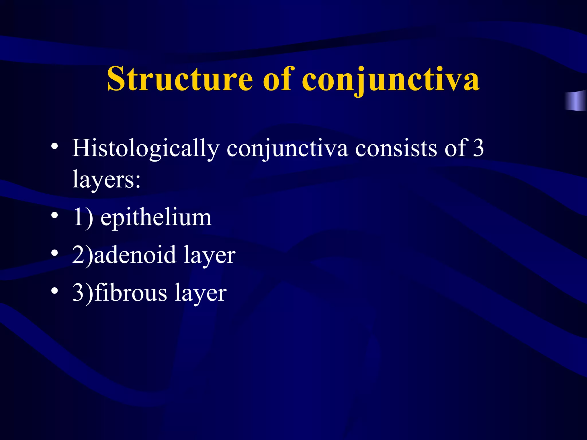 Structure of conjunctiva
• Histologically conjunctiva consists of 3
layers:
• 1) epithelium
• 2)adenoid layer
• 3)fibrous layer
 