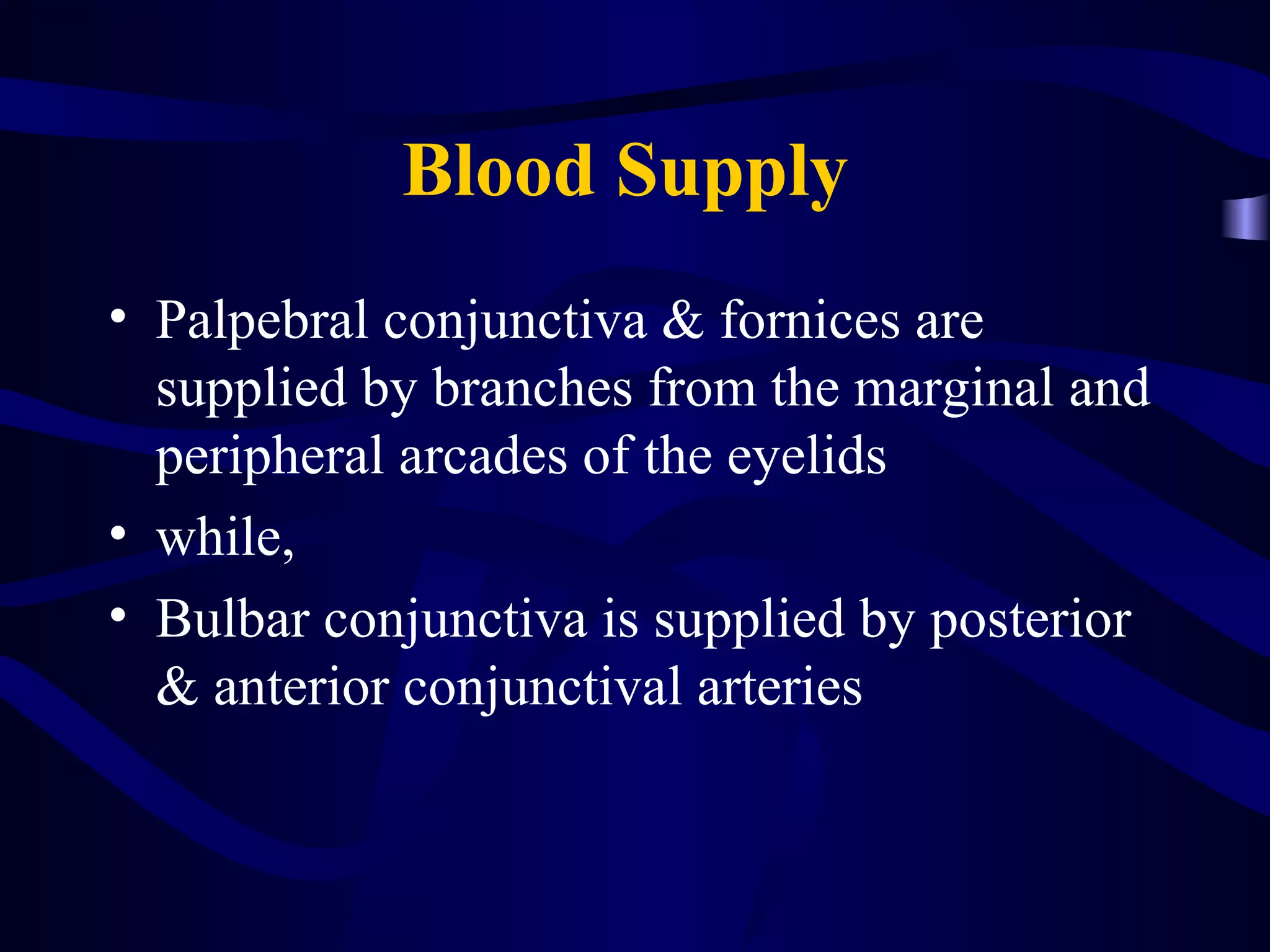Blood Supply
• Palpebral conjunctiva & fornices are
supplied by branches from the marginal and
peripheral arcades of the eyelids
• while,
• Bulbar conjunctiva is supplied by posterior
& anterior conjunctival arteries
 