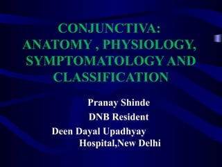 CONJUNCTIVA:
ANATOMY , PHYSIOLOGY,
SYMPTOMATOLOGY AND
CLASSIFICATION
Pranay Shinde
DNB Resident
Deen Dayal Upadhyay
Hospital,New Delhi
 