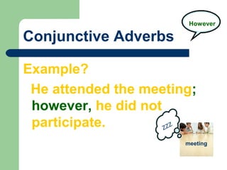 Conjunctive Adverbs
Example?
He attended the meeting;
however, he did not
participate.
However
Therefore
ZZZ
meeting
 