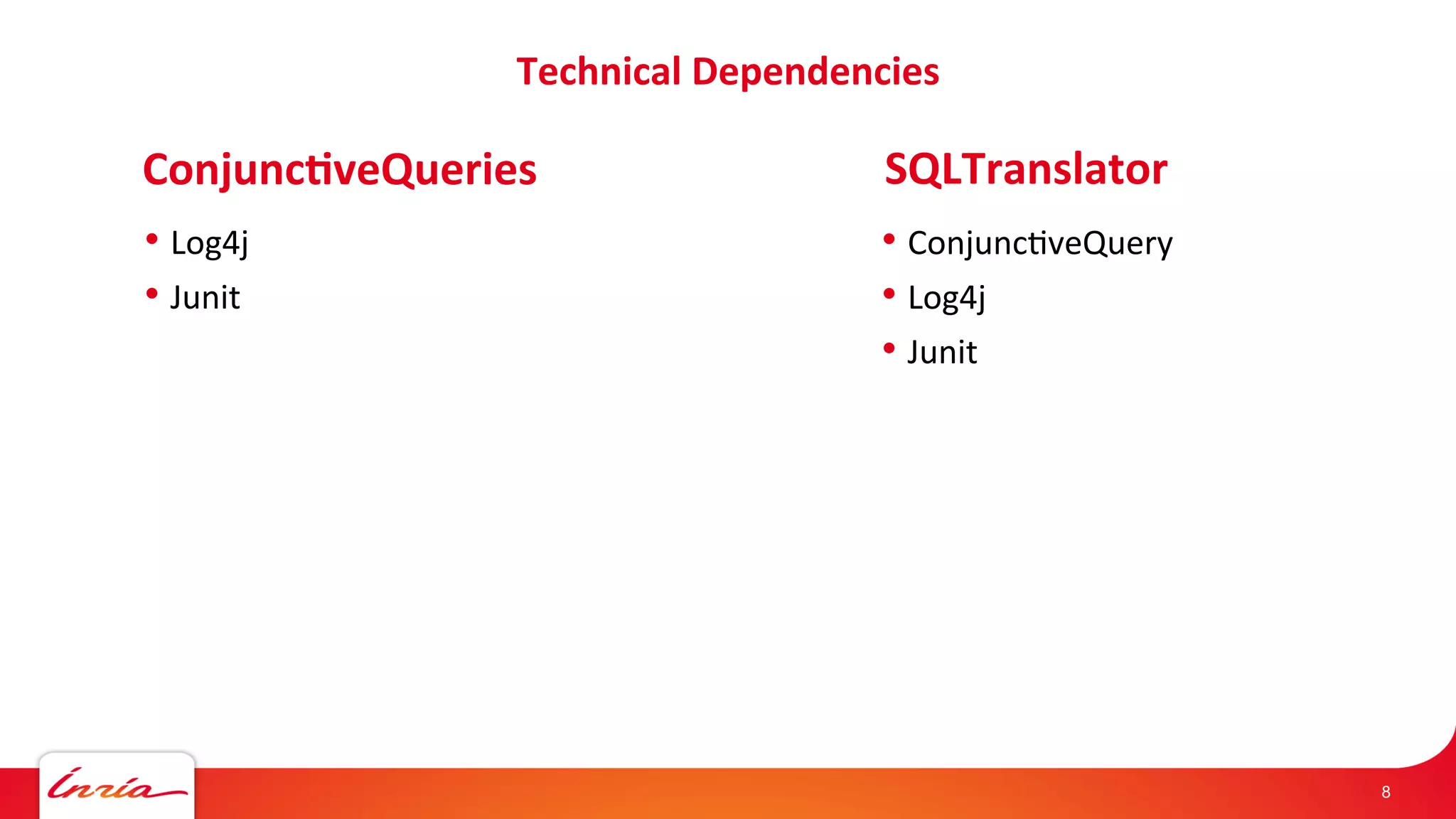 Technical 
Dependencies 
• Log4j 
• Junit 
8 
Conjunc'veQueries 
SQLTranslator 
• Conjunc/veQuery 
• Log4j 
• Junit 
 