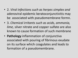 • 2. Viral infections such as herpes simplex and
adenoviral epidemic keratoconjunctivitis may
be associated with pseudomembrane formn.
• 3. Chemical irritants such as acids, ammonia,
lime, silver nitrate and copper sulfate are also
known to cause formation of such membrane
• Pathology inflammation of conjunctiva
associated with pouring of fibrinous exudate
on its surface which coagulates and leads to
formation of a pseudomembrane.
 