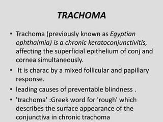 TRACHOMA
• Trachoma (previously known as Egyptian
ophthalmia) is a chronic keratoconjunctivitis,
affecting the superficial epithelium of conj and
cornea simultaneously.
• It is charac by a mixed follicular and papillary
response.
• leading causes of preventable blindness .
• 'trachoma' :Greek word for 'rough' which
describes the surface appearance of the
conjunctiva in chronic trachoma
 