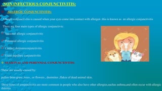 NON INFECTIOUS CONJUNCTIVITIS:
 ALLERGIC CONJUNCTIVITIS:
Allergic conjunctivitis is caused when your eyes come into contact with allergen .this is known as an allergic conjunctivitis
There are four main types of allergic conjunctivis:
Seasonal allergic conjunctivitis
Perennial allergic conjunctivitis
Contact dermatoconjunctivitis
Giant papillary conjunctivitis
 SEASONALAND PERENNIAL CONJUNCTIVITIS:
These are usually caused by:
pollen from grass ,trees , or flowers , dustmites ,flakes of dead animal skin.
These types of conjunctivitis are more common in people who also have other allergies,suchas asthma,and often occur with allergic
rhiniitis
 