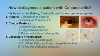 How to diagnose a patient with Conjunctivitis?
It is based on---- History, Clinical Exam, Laboratory Investigation.
1. History:- i. Unilateral or Bilateral
ii. Exposure of Toxins. Etc
2. Clinical Feature:-
i. Type of Discharge.
ii. Conjunctival Reaction.
iii. Preauricular Limphadenopathy.
3. Laboratory Investigation:-
i. To identify the pathogens.
ii. To differentiate viral from chalmydial infection.
iii. To find out etiological diagnosis.
 