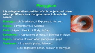 Pterygium
It is a degenerative condition of sub conjunctival tissue
which proliferate as a triangular mass to invade the
cornea.
Etiology:- i. UV Irradiation, ii. Exposure to hot, sun.
Stages:- i. Prograssive, ii. Atrophic.
Parts:- i.Apex, ii.Neck, iii.Body, iv.Cap.
Symptoms:- i. Appearance of mass. ii. Dimness of vision.
Signs:- Dimness of vision when pterygium in pupil.
Treatment:- i. In atrophic phase, follow up.
ii. In Progressive phase, excision of pterygium.
 
