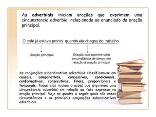 As  adverbiais  iniciam orações que exprimem uma circunstancia adverbial relacionada ao enunciado da oração principal. O café já estava pronto  quando ela chegou do trabalho Oração principal Oração que exprime uma circunstância de tempo em relação à oração principal As conjunções subordinativas adverbiais classificam-se em  causais ,  comparativas,   concessivas,   condicionais,   conformativas,   consecutivas,   finais,   proporcionais  e  temporais . Todas elas iniciam orações que exprimem uma circunstancia adverbial em relação ao fato expresso na oração principal. Veja no quadro a seguir quais são essas circunstâncias e as principais conjunções subordinativas adverbiais. 
