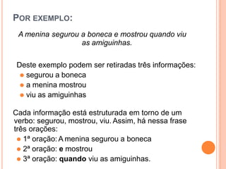 POR EXEMPLO:
A menina segurou a boneca e mostrou quando viu
as amiguinhas.
Cada informação está estruturada em torno de um
verbo: segurou, mostrou, viu. Assim, há nessa frase
três orações:
⚫ 1ª oração: A menina segurou a boneca
⚫ 2ª oração: e mostrou
⚫ 3ª oração: quando viu as amiguinhas.
Deste exemplo podem ser retiradas três informações:
⚫ segurou a boneca
⚫ a menina mostrou
⚫ viu as amiguinhas
 
