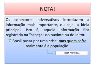 NOTA!
Os conectores adversativos introduzem a
informação mais importante, ou seja, a ideia
principal. Isto é, aquela informação fica
registrada na “cabeça” do ouvinte ou do leitor.
O Brasil passa por uma crise, mas quem sofre
realmente é a população.
IDEIA PRINCIPAL
 