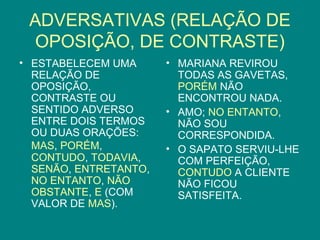 ADVERSATIVAS (RELAÇÃO DE
 OPOSIÇÃO, DE CONTRASTE)
• ESTABELECEM UMA      • MARIANA REVIROU
  RELAÇÃO DE             TODAS AS GAVETAS,
  OPOSIÇÃO,              PORÉM NÃO
  CONTRASTE OU           ENCONTROU NADA.
  SENTIDO ADVERSO      • AMO; NO ENTANTO,
  ENTRE DOIS TERMOS      NÃO SOU
  OU DUAS ORAÇÕES:       CORRESPONDIDA.
  MAS, PORÉM,          • O SAPATO SERVIU-LHE
  CONTUDO, TODAVIA,      COM PERFEIÇÃO,
  SENÃO, ENTRETANTO,     CONTUDO A CLIENTE
  NO ENTANTO, NÃO        NÃO FICOU
  OBSTANTE, E (COM       SATISFEITA.
  VALOR DE MAS).
 