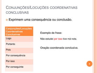 CONJUNÇÕES/LOCUÇÕES COORDENATIVAS
CONCLUSIVAS

   Exprimem uma consequência ou conclusão.

Conjunções/Locuções
Coordenativas
                       Exemplo de frase:
Conclusivas
Logo                   Não estudei por isso tive má nota.

Portanto
                       Oração coordenada conclusiva.
Pois

Por consequência

Por isso
                                                            9
Por conseguinte
 