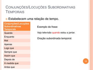 CONJUNÇÕES/LOCUÇÕES SUBORDINATIVAS
 TEMPORAIS
     Estabelecem uma relação de tempo.
Conjunções/Locuções
Subordinativas          Exemplo de frase:
Temporais
Quando                  Vejo televisão quando estou a jantar.
Enquanto
                        Oração subordinada temporal.
Mal
Apenas
Logo que
Sempre que
Assim que
Depois de
                                                                12
À medida que
Antes que
 