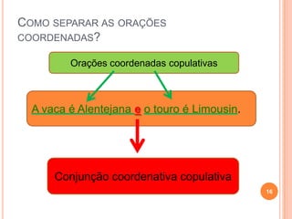 COMO SEPARAR AS ORAÇÕES
COORDENADAS?

         Orações coordenadas copulativas



  A vaca é Alentejana e o touro é Limousin.




      Conjunção coordenativa copulativa
                                              16
 
