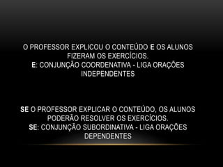 O PROFESSOR EXPLICOU O CONTEÚDO E OS ALUNOS
FIZERAM OS EXERCÍCIOS.
E: CONJUNÇÃO COORDENATIVA - LIGA ORAÇÕES
INDEPENDENTES
SE O PROFESSOR EXPLICAR O CONTEÚDO, OS ALUNOS
PODERÃO RESOLVER OS EXERCÍCIOS.
SE: CONJUNÇÃO SUBORDINATIVA - LIGA ORAÇÕES
DEPENDENTES
 
