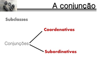 Conjunções
A conjunção
Subclasses
Coordenativas
Subordinativas
 