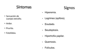 Síntomas
• Sensación de
cuerpo extraño.
• Ardor.
• Prurito.
• Fotofobia.
• Hiperemia.
• Lagrimeo (epifora).
• Exudado.
• Seudoptosis.
• Hipertrofia papilar.
• Quemosis.
• Folículos.
Sígnos
 