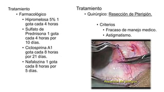 Tratamiento
• Farmacológico
• Hipromelosa 5% 1
gota cada 4 horas
• Sulfato de
Prednisona 1 gota
cada 4 horas por
10 días.
• Ciclospirina A1
gota cada 8 horas
por 21 días.
• Nafalozina 1 gota
cada 8 horas por
5 días.
Tratamiento
• Quirúrgico: Resección de Pterigión.
• Criterios
• Fracaso de manejo medico.
• Astigmatismo.
 