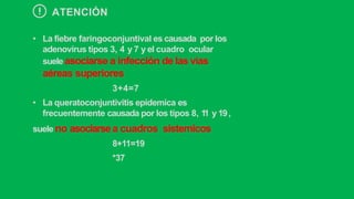ATENCIÓN
• La fiebre faringoconjuntival es causada por los
adenovírus tipos 3, 4 y 7 y el cuadro ocular
suele asociarse a infección de las vias
aéreas superiores
3+4=7
• La queratoconjuntivitis epidemica es
frecuentemente causada por los tipos 8, 1
1 y 19,
suele no asociarsea cuadros sistemicos
8+11=19
*37
 