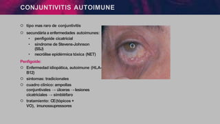 CONJUNTIVITIS AUTOIMUNE
੦ tipo mas raro de conjuntivitis
੦ secundária a enfermedades autoimunes:
• penfigoide cicatricial
• síndrome de Stevens-Johnson
(SSJ)
• necrólise epidérmica tóxica (NET)
Penfigoide:
੦ Enfermedad idiopática, autoimune (HLA-
B12)
੦ sintomas: tradicionales
੦ cuadro clínico: ampollas
conjuntivales → úlceras →lesiones
cicatriciales → simbléfaro
੦ tratamiento: CE(tópicos +
VO), imunossupressores
 
