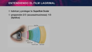 ENTENDIENDO EL FILM LAGRIMAL
੦ lubricar y proteger la SuperficieOcular
੦ proporción 2/3 (acuosa/mucinosa): 1/3
(lipídica)
 