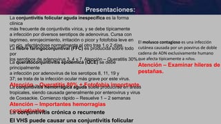 Presentaciones:
La conjuntivitis folicular aguda inespecífica es la forma
clínica
más frecuente de conjuntivitis vírica, y se debe típicamente
a infección por diversos serotipos de adenovirus. Cursa con
lagrimeo, enrojecimiento, irritación o picor y fotofobia leve en
un ojo, afectándose normalmente el otro tras 1 o 2 días.
La fiebre faringoconjuntival (FFC) es producida sobre todo
por
los serotipos de adenovirus 3, 4 y 7. Atención – Queratitis 30%.
La queratoconjuntivitis epidémica (QCE) se debe
principalmente
a infección por adenovirus de los serotipos 8, 11, 19 y
37; se trata de la infección ocular más grave por este virus.
Atención – Queratitis 80% + Fotofobia importante.
La conjuntivitis hemorrágica aguda suele producirse en áreas
tropicales, siendo causada generalmente por enterovirus y virus
de Coxsackie. Comienzo rápido – Resuelve 1 – 2 semanas
Atención – Importantes hemorragias
conjuntivales
La conjuntivitis crónica o recurrente
El VHS puede causar una conjuntivitis folicular
El molusco contagioso es una infección
cutánea causada por un poxvirus de doble
cadena de ADN exclusivamente humano
que afecta típicamente a niños.
Atención – Examinar hileras de
pestañas.
 