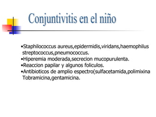 Conjuntivitis en el niño Staphilococcus aureus,epidermidis,viridans,haemophilus streptococcus,pneumococcus. Hiperemia moderada,secrecion mucopurulenta. Reaccion papilar y algunos foliculos. Antibioticos de amplio espectro(sulfacetamida,polimixina Tobramicina,gentamicina. 