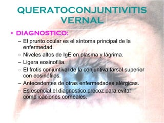 QUERATOCONJUNTIVITIS VERNAL <ul><li>DIAGNOSTICO: </li></ul><ul><ul><li>El prurito ocular es el síntoma principal de la enf...