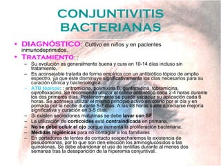 CONJUNTIVITIS BACTERIANAS <ul><li>DIAGNÓSTICO :  Cultivo en niños y en pacientes inmunodeprimidos. </li></ul><ul><li>Trata...