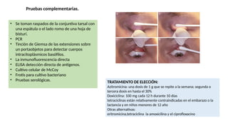 Pruebas complementarias.
• Se toman raspados de la conjuntiva tarsal con
una espátula o el lado romo de una hoja de
bisturí.
• PCR
• Tinción de Giemsa de las extensiones sobre
un portaobjetos para detectar cuerpos
intracitoplásmicos basófilos.
• La inmunofluorescencia directa
• ELISA detección directa de antígenos.
• Cultivo celular de McCoy
• Frotis para cultivo bacteriano
• Pruebas serológicas. TRATAMIENTO DE ELECCIÓN:
Azitromicina: una dosis de 1 g que se repite a la semana; segunda o
tercera dosis en hasta el 30%
Doxiciclina: 100 mg cada 12 h durante 10 días
tetraciclinas están relativamente contraindicadas en el embarazo o la
lactancia y en niños menores de 12 año
Otras alternativas:
eritromicina,tetraciclina la amoxicilina y el ciprofloxacino
 