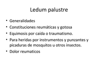 Ledum palustre Generalidades Constituciones reumáticas y gotosa Equimosis por caída o traumatismo.  Para heridas por instrumentos y punzantes y picaduras de mosquitos u otros insectos. Dolor reumaticos 