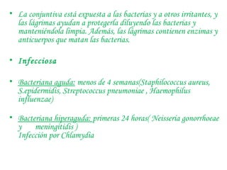 La conjuntiva está expuesta a las bacterias y a otros irritantes, y las lágrimas ayudan a protegerla diluyendo las bacterias y manteniéndola limpia. Además, las lágrimas contienen enzimas y anticuerpos que matan las bacterias. Infecciosa  Bacteriana aguda:  menos de 4 semanas(Staphilococcus aureus, S.epidermidis, Streptococcus pneumoniae , Haemophilus influenzae)  Bacteriana hiperaguda:  primeras 24 horas( Neisseria gonorrhoeae y  meningitidis )  Infección por Chlamydia 